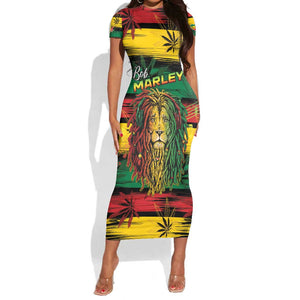 Personalised Rastafarian Lion Short Sleeve Bodycon Dress Cannabis Leaf Pattern