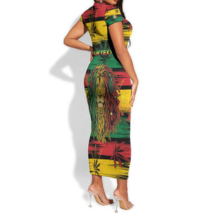 Personalised Rastafarian Lion Short Sleeve Bodycon Dress Cannabis Leaf Pattern