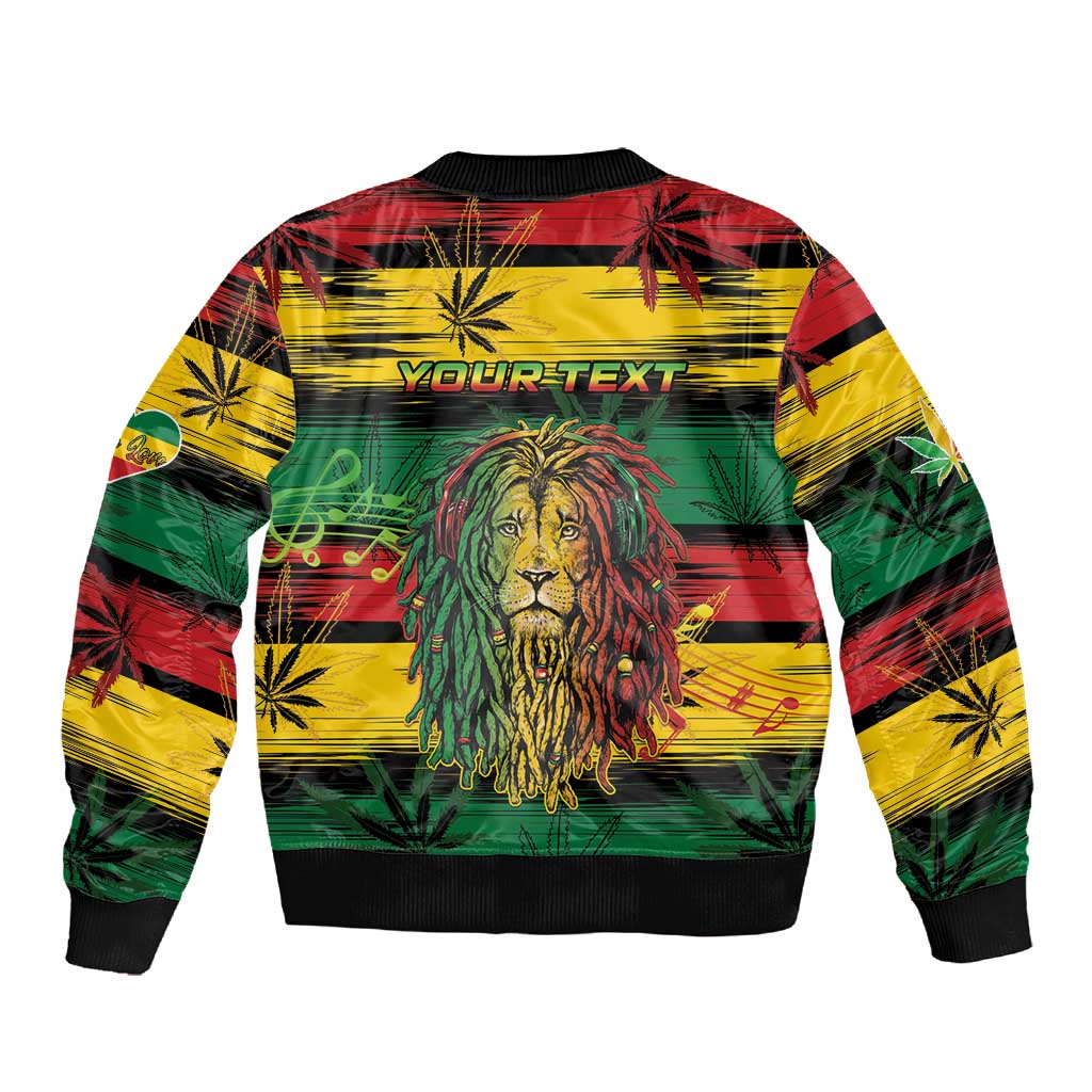 Personalised Rastafarian Lion Sleeve Zip Bomber Jacket Cannabis Leaf Pattern