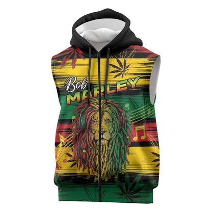 Personalised Rastafarian Lion Sleeveless Zip Hoodie Cannabis Leaf Pattern - African Pride