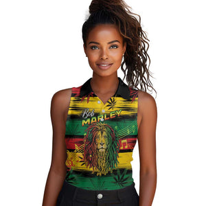 Personalised Rastafarian Lion Women Sleeveless Polo Shirt Cannabis Leaf Pattern