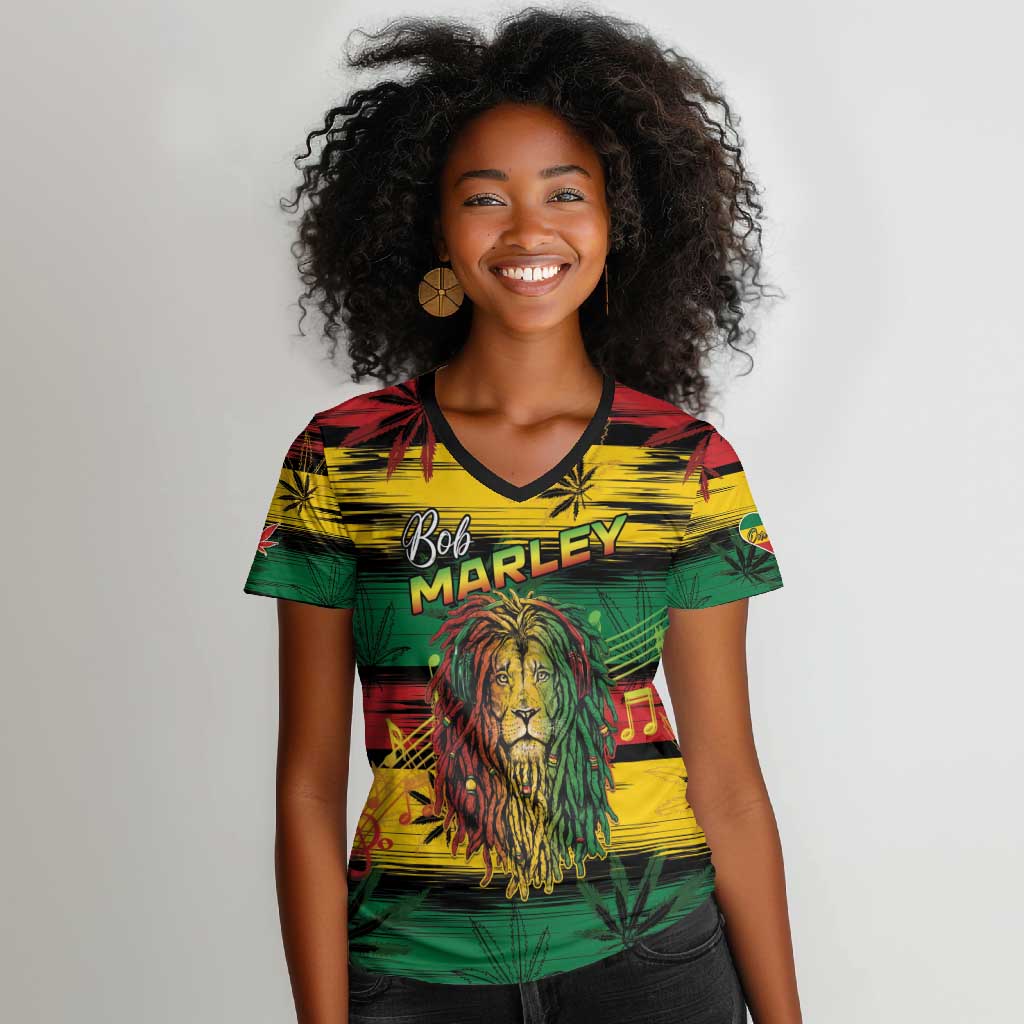 Personalised Rastafarian Lion Women V-Neck T-Shirt Cannabis Leaf Pattern