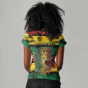 Personalised Rastafarian Lion Women V-Neck T-Shirt Cannabis Leaf Pattern