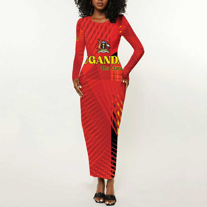 Custom Uganda Football Long Sleeve Bodycon Dress Go Champions Cranes - African Pride