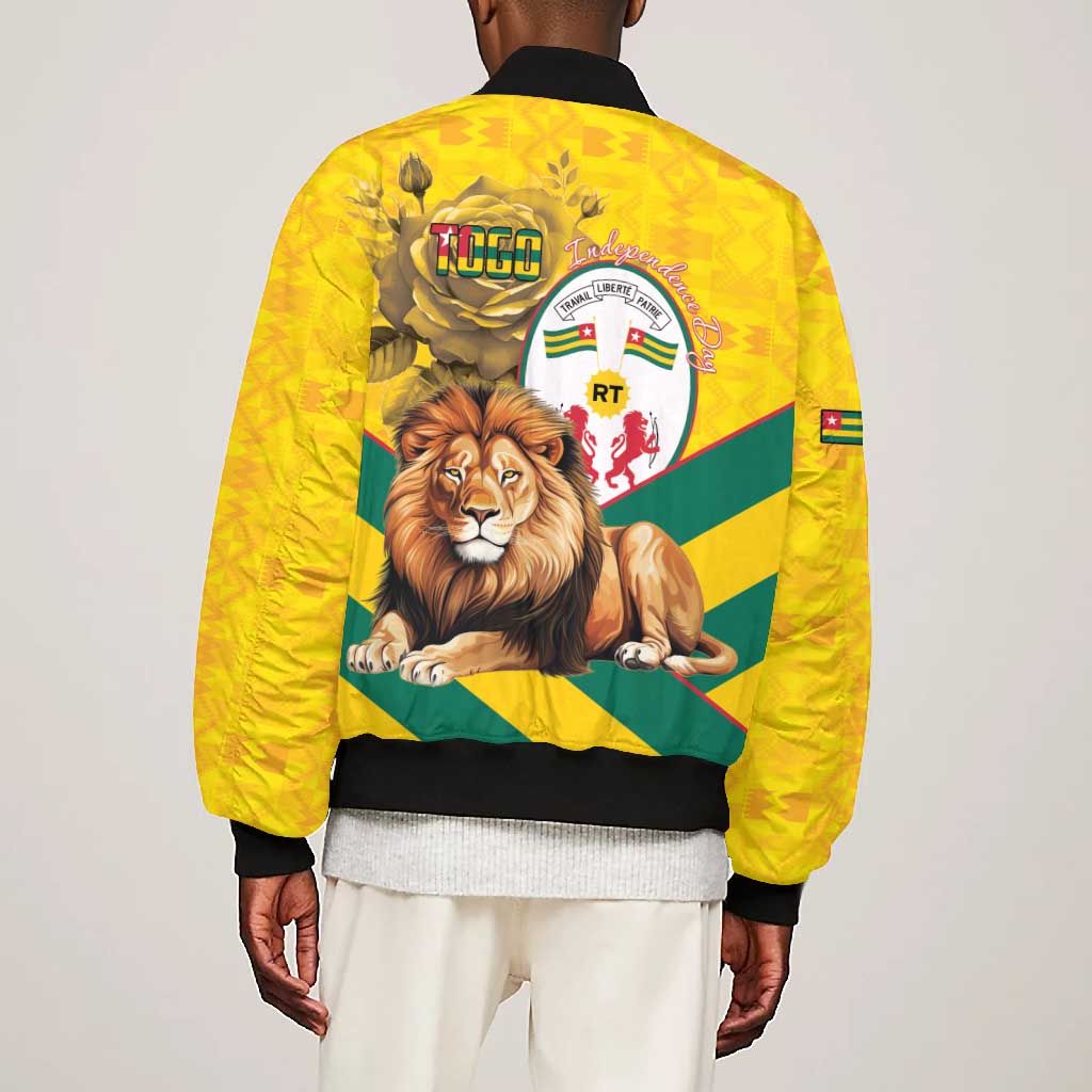 Happy Togo Independence Day Bomber Jacket Lion With Coat Of Arms - Kente Pattern