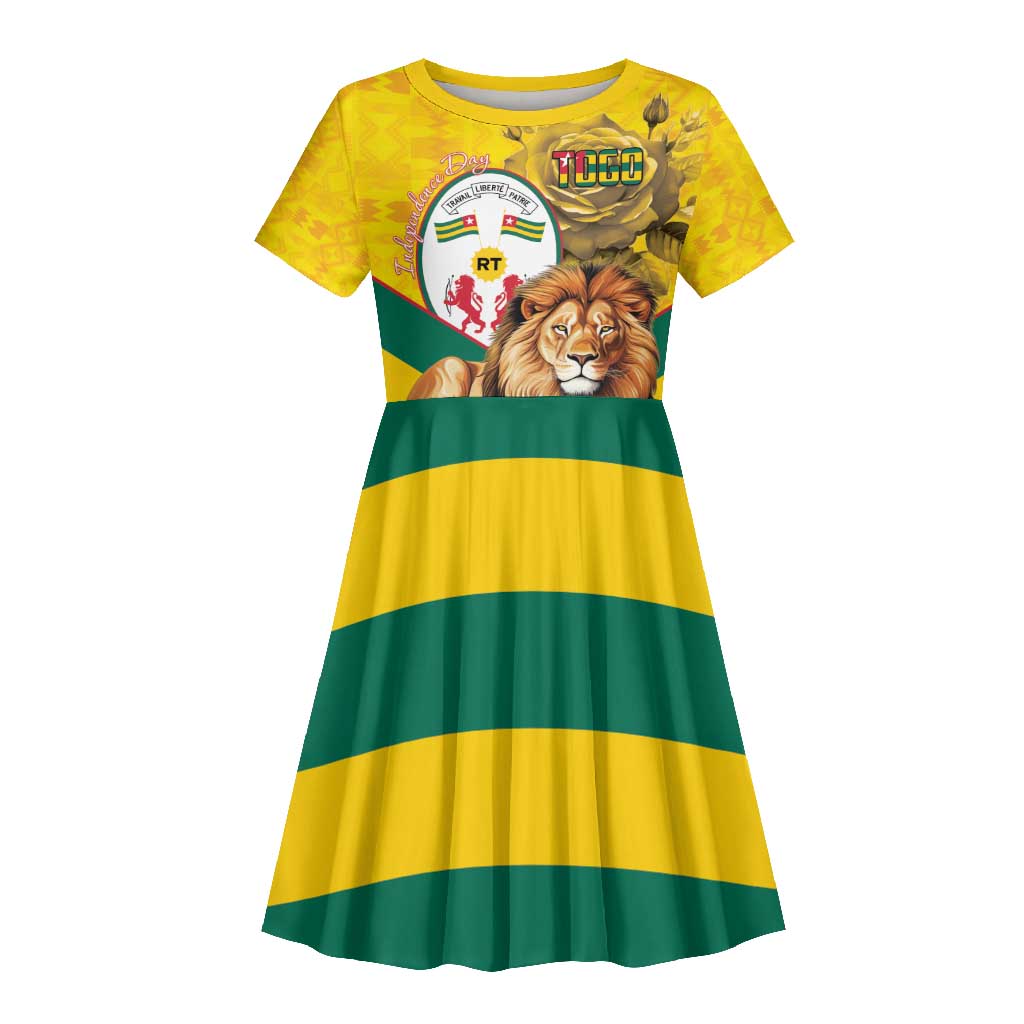 Happy Togo Independence Day Kid Short Sleeve Dress Lion With Coat Of Arms - Kente Pattern