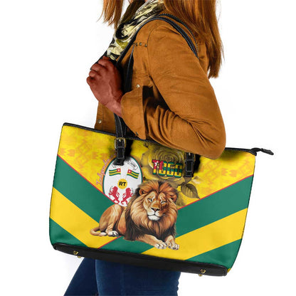 Happy Togo Independence Day Leather Tote Bag Lion With Coat Of Arms - Kente Pattern