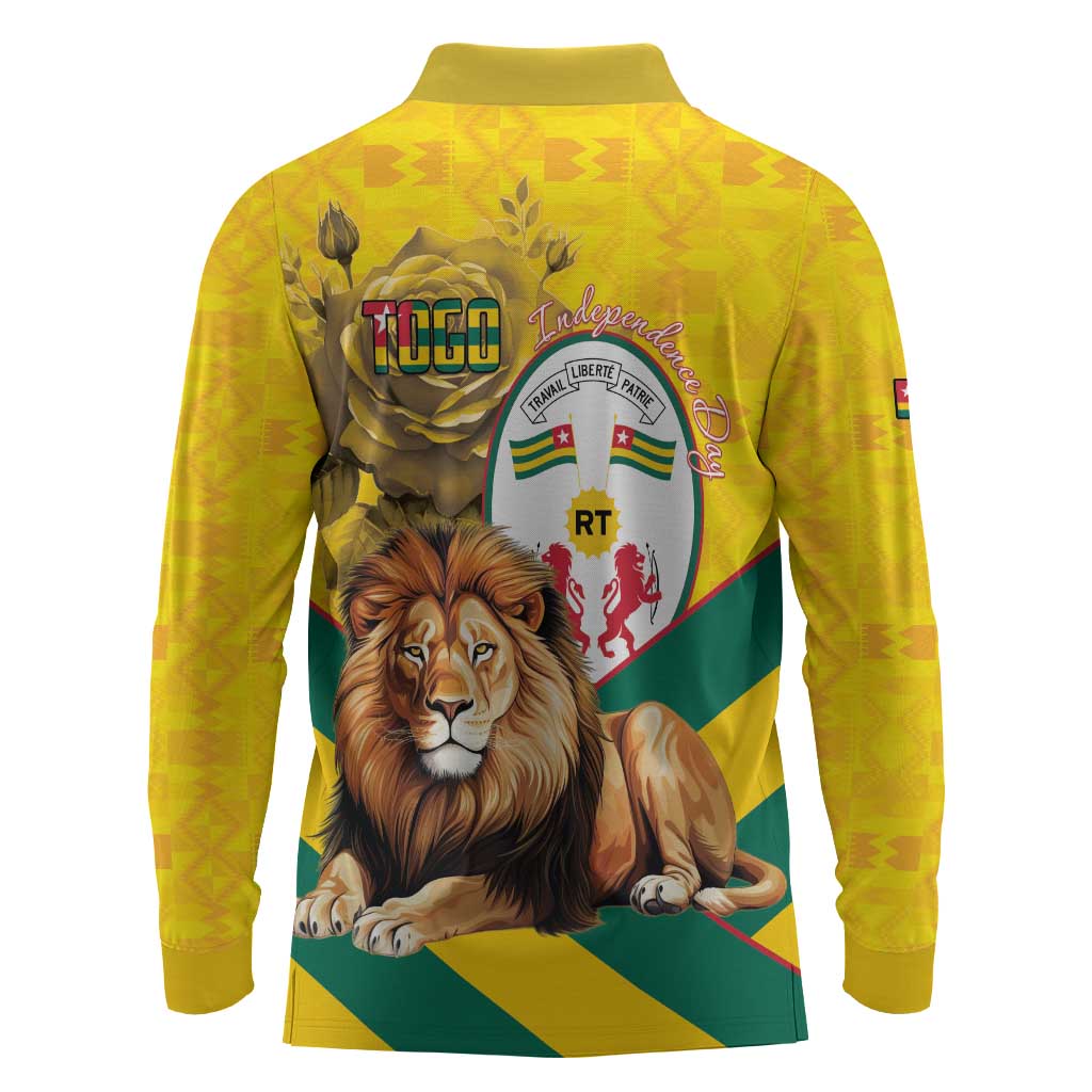 Happy Togo Independence Day Long Sleeve Polo Shirt Lion With Coat Of Arms - Kente Pattern