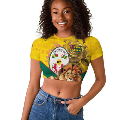 Happy Togo Independence Day Raglan Cropped T shirt Lion With Coat Of Arms - Kente Pattern