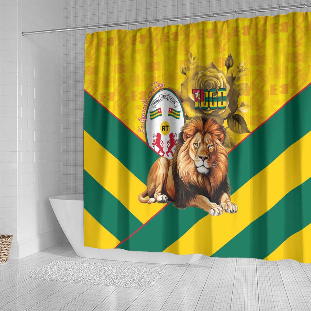 Happy Togo Independence Day Shower Curtain Lion With Coat Of Arms - Kente Pattern