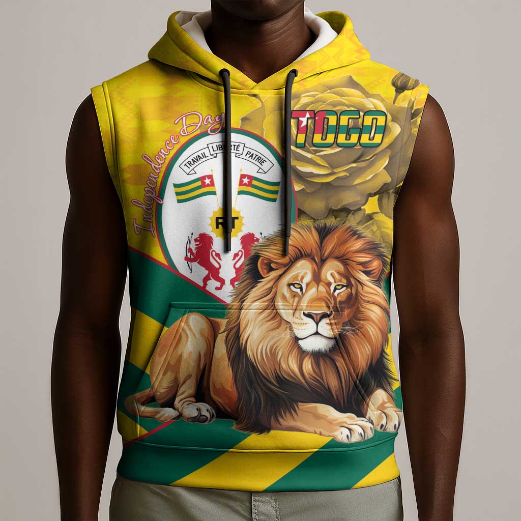 Happy Togo Independence Day Sleeveless Hoodie Lion With Coat Of Arms - Kente Pattern - African Pride