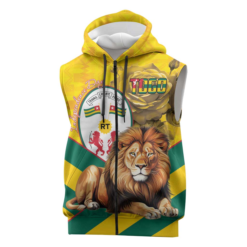 Happy Togo Independence Day Sleeveless Zip Hoodie Lion With Coat Of Arms - Kente Pattern - African Pride