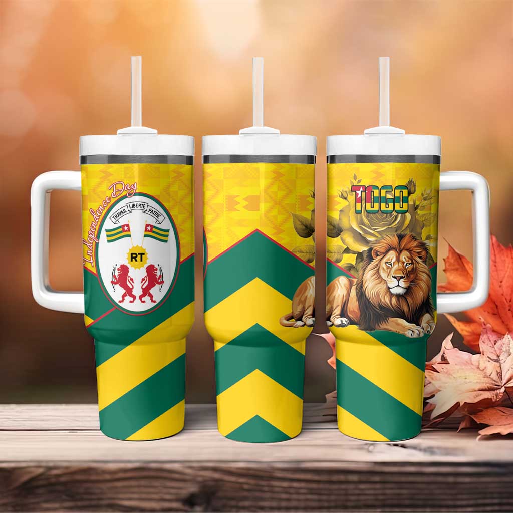 Happy Togo Independence Day Tumbler With Handle Lion With Coat Of Arms - Kente Pattern