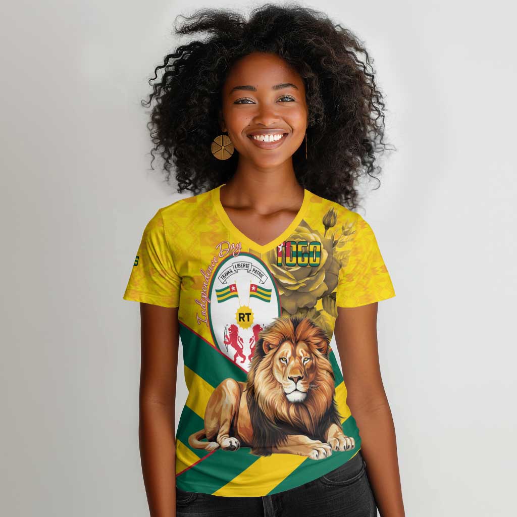 Happy Togo Independence Day Women V-Neck T-Shirt Lion With Coat Of Arms - Kente Pattern