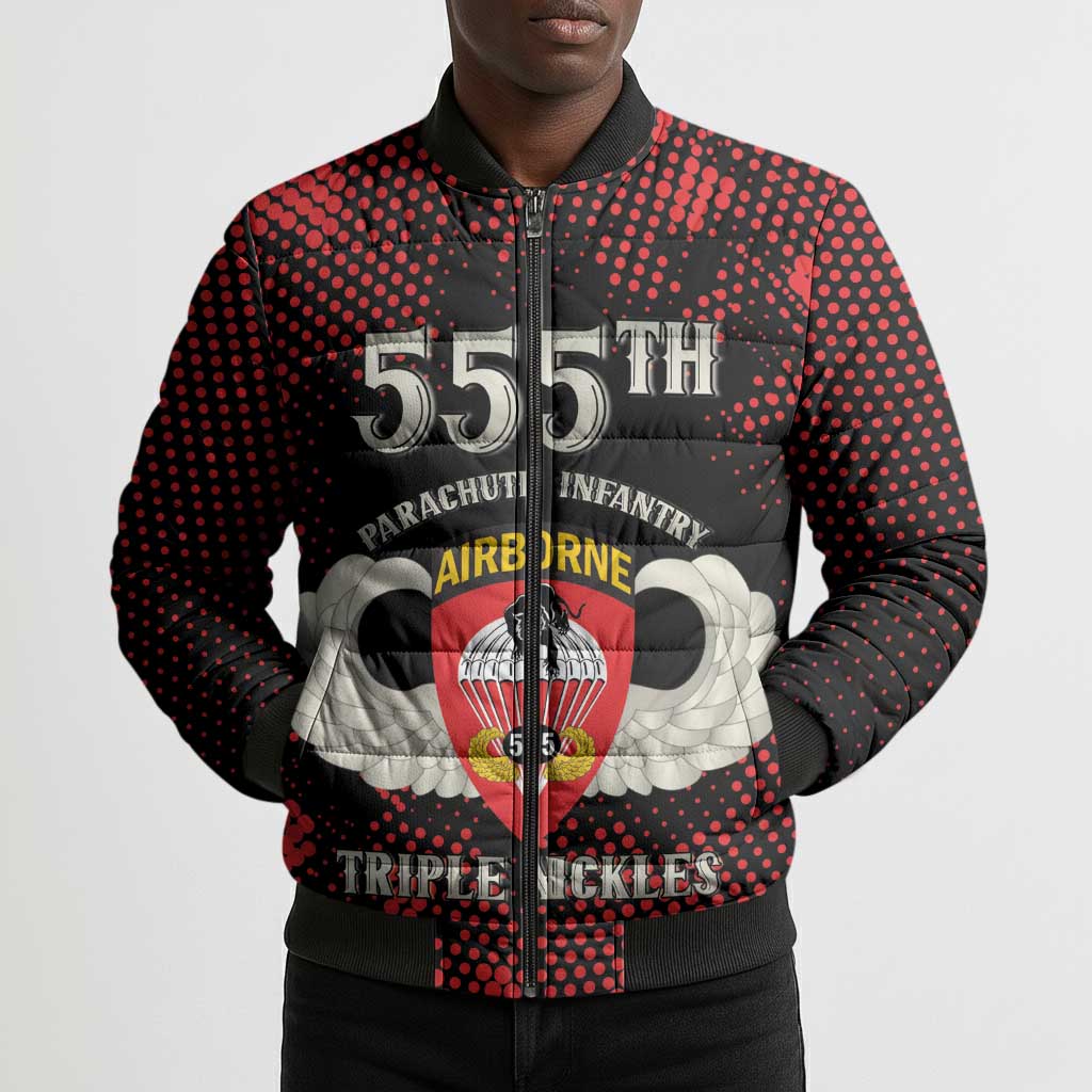 Personalized 555th Parachute Infantry Bomber Puffer Jacket Triple Nickles Airborne Veteran Tribute