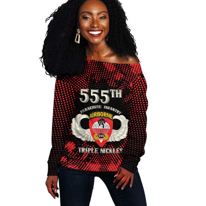 Personalized 555th Parachute Infantry Off Shoulder Sweater Triple Nickles Airborne Veteran Tribute