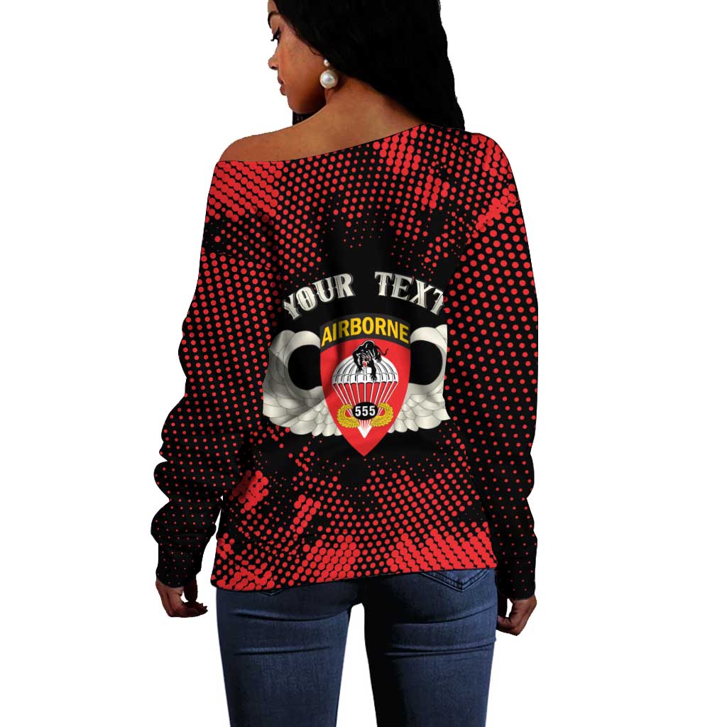 Personalized 555th Parachute Infantry Off Shoulder Sweater Triple Nickles Airborne Veteran Tribute