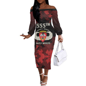 Personalized 555th Parachute Infantry Off The Shoulder Long Sleeve Dress Triple Nickles Airborne Veteran Tribute