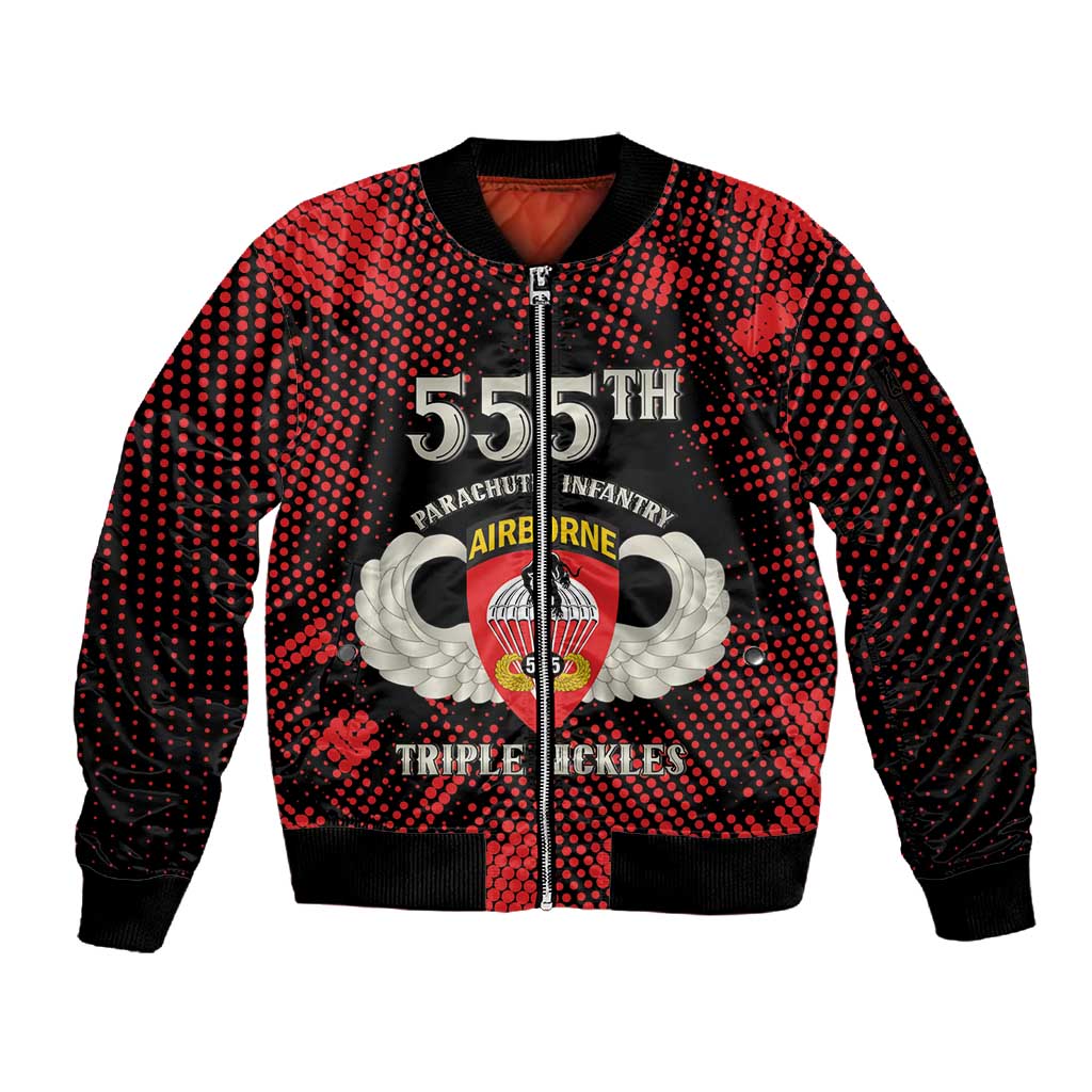 Personalized 555th Parachute Infantry Sleeve Zip Bomber Jacket Triple Nickles Airborne Veteran Tribute