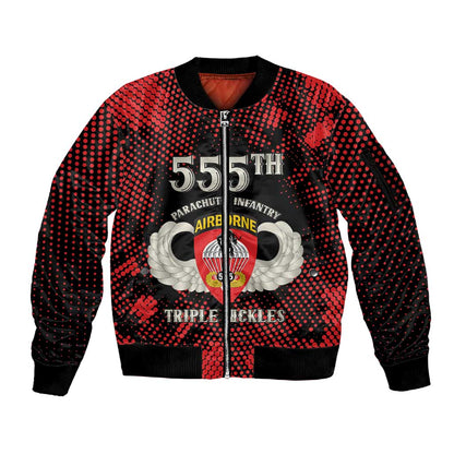 Personalized 555th Parachute Infantry Sleeve Zip Bomber Jacket Triple Nickles Airborne Veteran Tribute