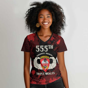 Personalized 555th Parachute Infantry Women V-Neck T-Shirt Triple Nickles Airborne Veteran Tribute