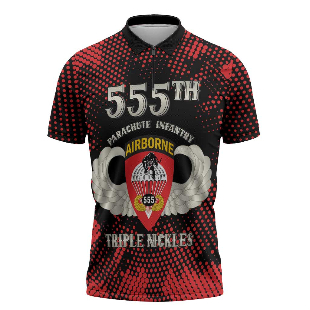 Personalized 555th Parachute Infantry Zipper Polo Shirt Triple Nickles Airborne Veteran Tribute