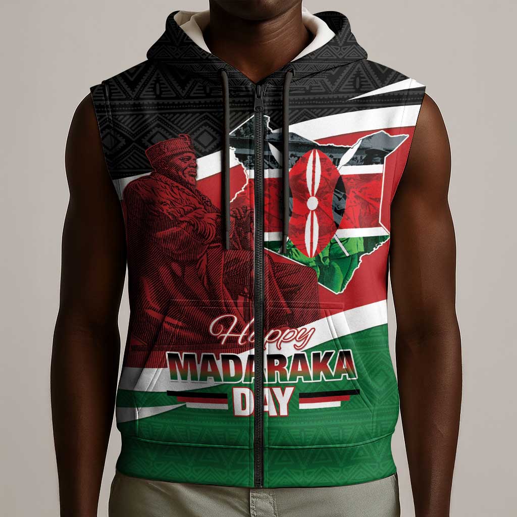 Kenya Madaraka Day Sleeveless Zip Hoodie Jomo Kenyatta With Map - African Pride