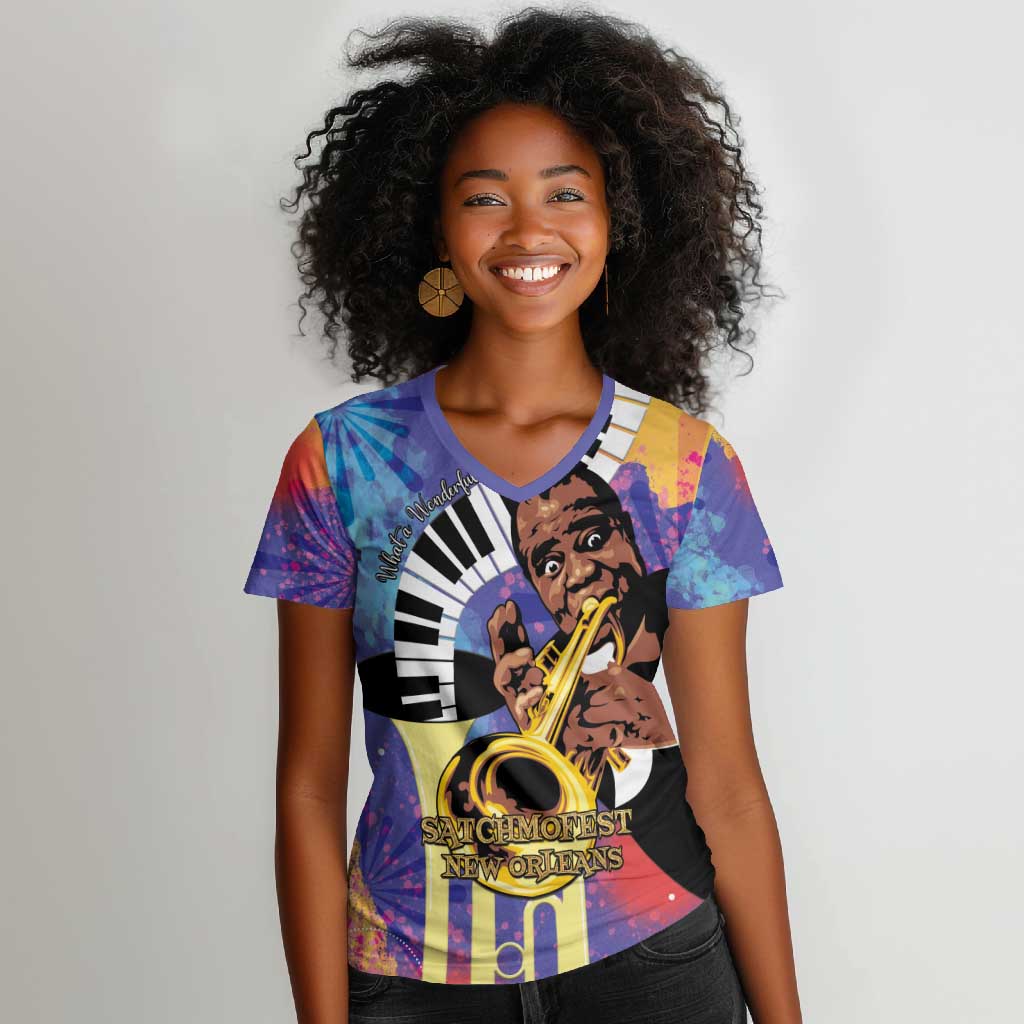 Satchmofest What a Wonderful World Women V-Neck T-Shirt King Of Jazz SummerFest - African Pride