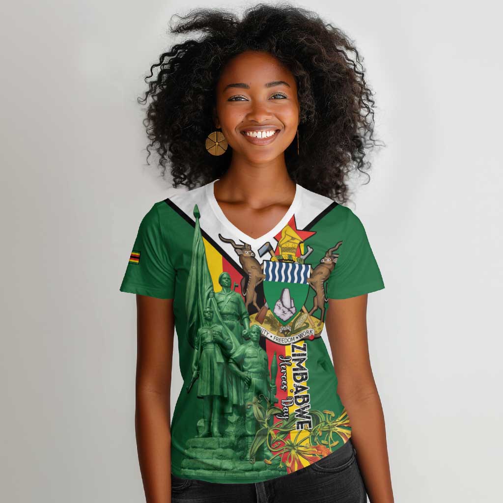 Personalized Zimbabwe Heroes' Day Women V-Neck T-Shirt Nyika yeZimbabwe Monument - Coat Of Arms - African Pride
