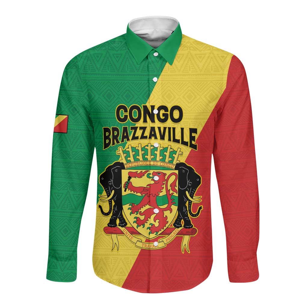 Personalized Republique du Congo Long Sleeve Button Shirt Coat Of Arms African Pattern - African Pride