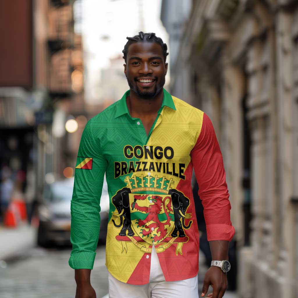 Personalized Republique du Congo Long Sleeve Button Shirt Coat Of Arms African Pattern - African Pride