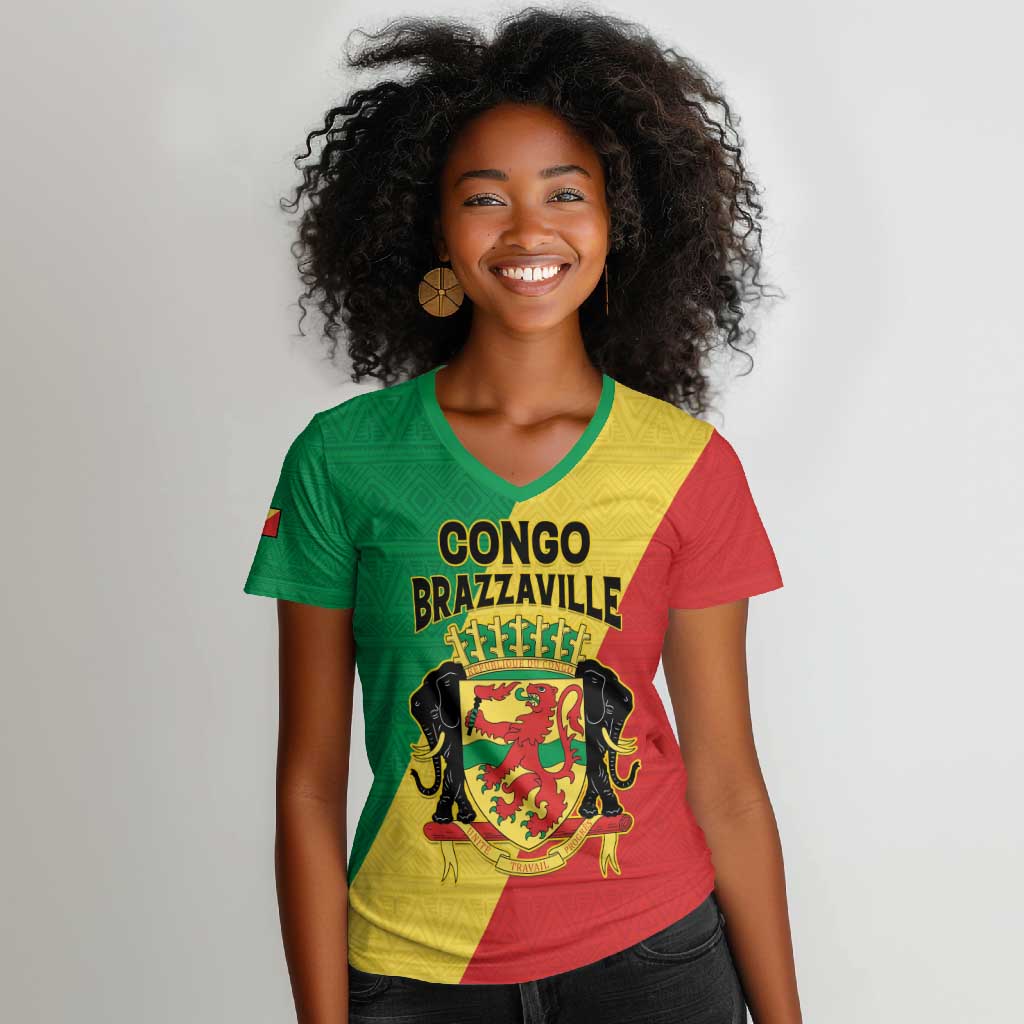 Personalized Republique du Congo Women V-Neck T-Shirt Coat Of Arms African Pattern - African Pride