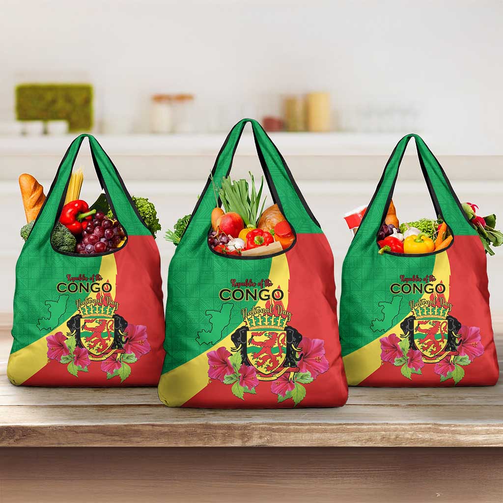 Personalized Congo-Brazzaville National Day Grocery Bag Coat Of Arms With Map - African Pride