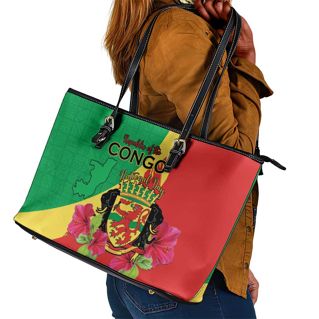 Personalized Congo-Brazzaville National Day Leather Tote Bag Coat Of Arms With Map - African Pride