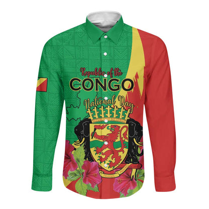 Personalized Congo-Brazzaville National Day Long Sleeve Button Shirt Coat Of Arms With Map - African Pride