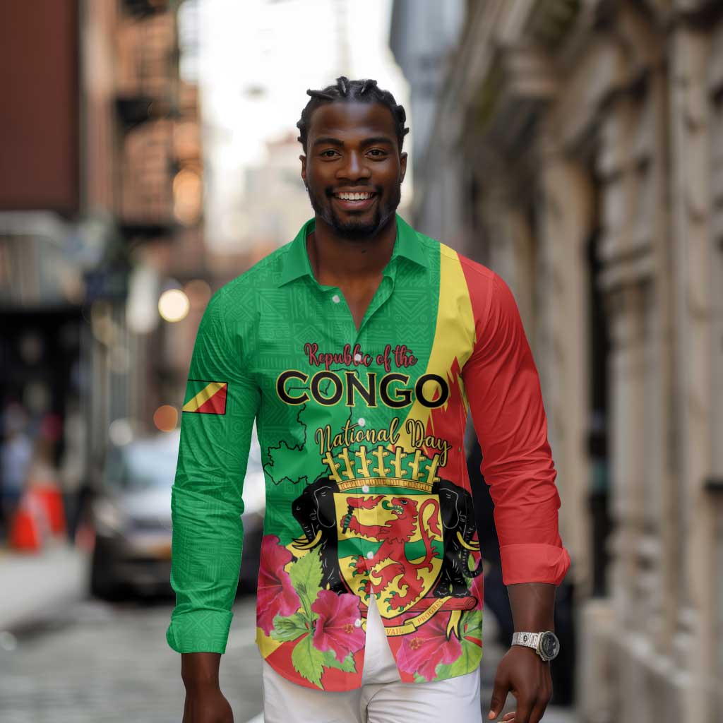 Personalized Congo-Brazzaville National Day Long Sleeve Button Shirt Coat Of Arms With Map - African Pride
