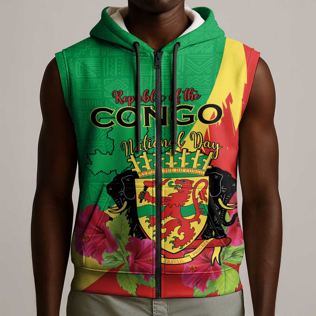 Personalized Congo-Brazzaville National Day Sleeveless Zip Hoodie Coat Of Arms With Map - African Pride
