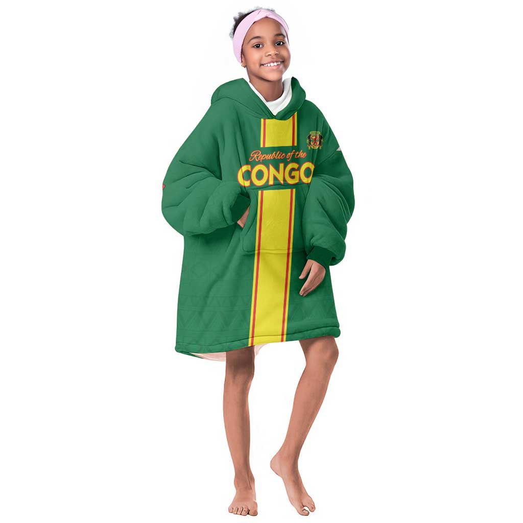 Custom Republique du Congo Football Kid Wearable Blanket Hoodie Go Ba Diabulu ya Mbwaki Green Color - African Pride