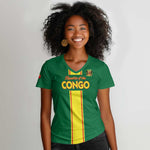 Custom Republique du Congo Football Women V-Neck T-Shirt Go Ba Diabulu ya Mbwaki Green Color - African Pride