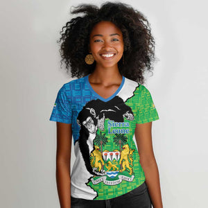 Personalised Afro Sierra Leone Women V-Neck T-Shirt Chimpanzee Mix African Pattern