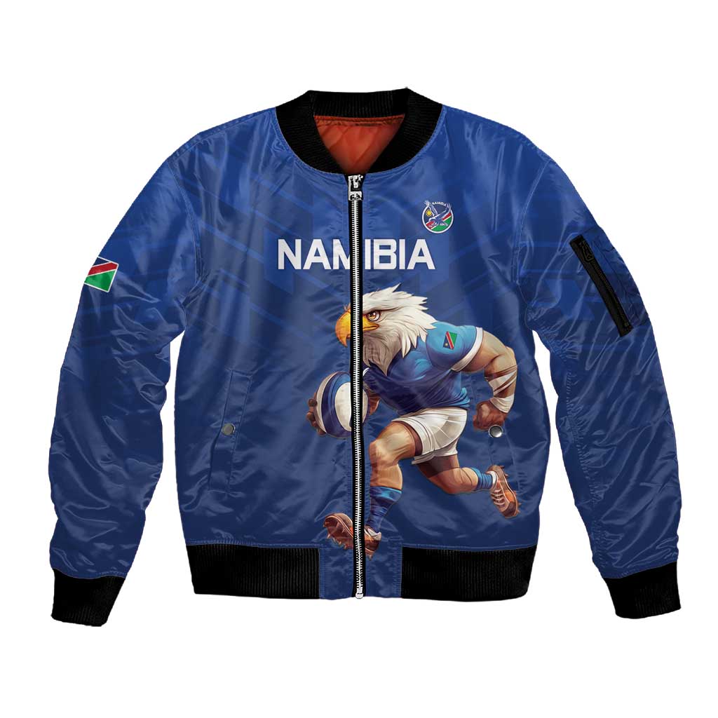 Namibia Rugby Custom Sleeve Zip Bomber Jacket Eagle Mascot - Sporty Style