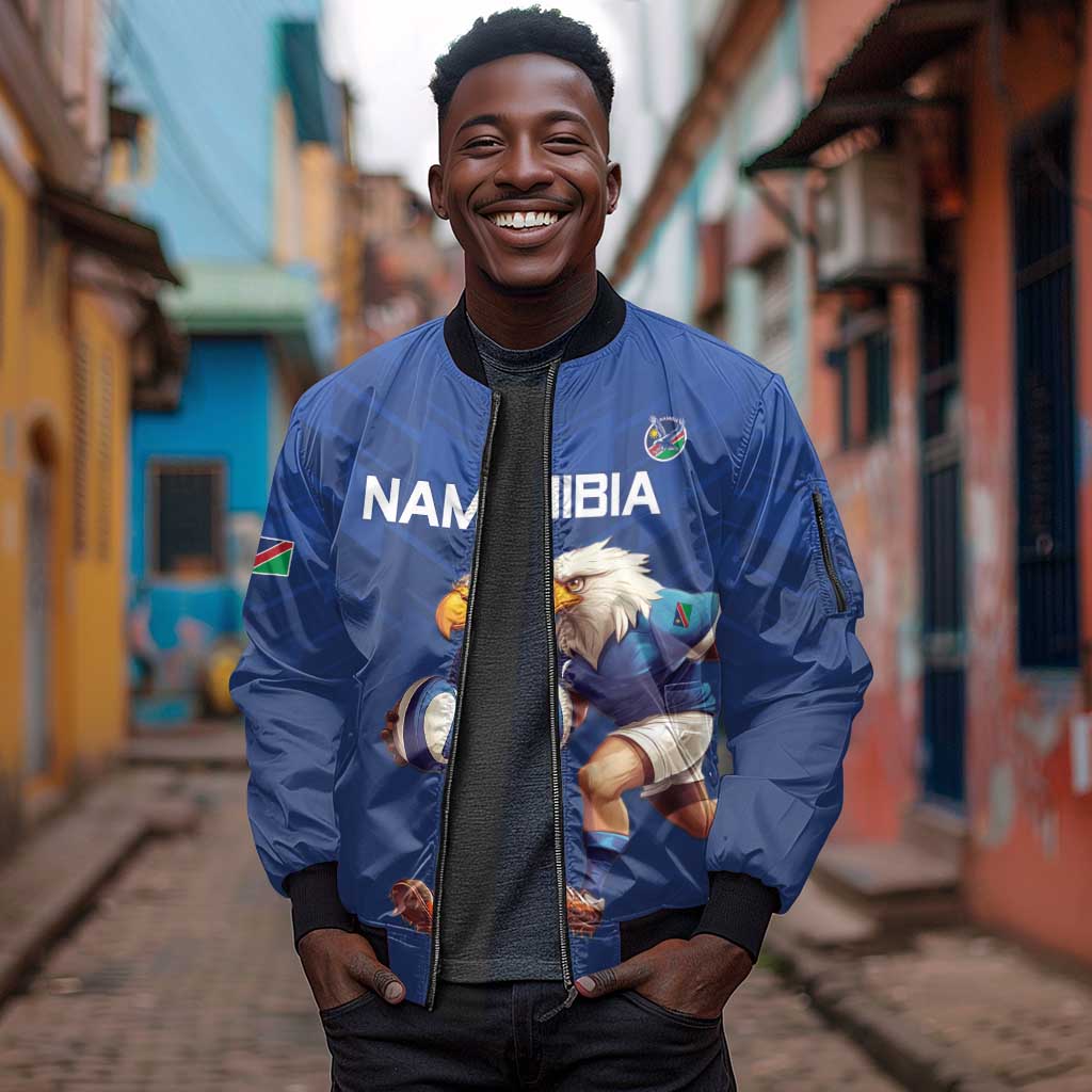 Namibia Rugby Custom Sleeve Zip Bomber Jacket Eagle Mascot - Sporty Style