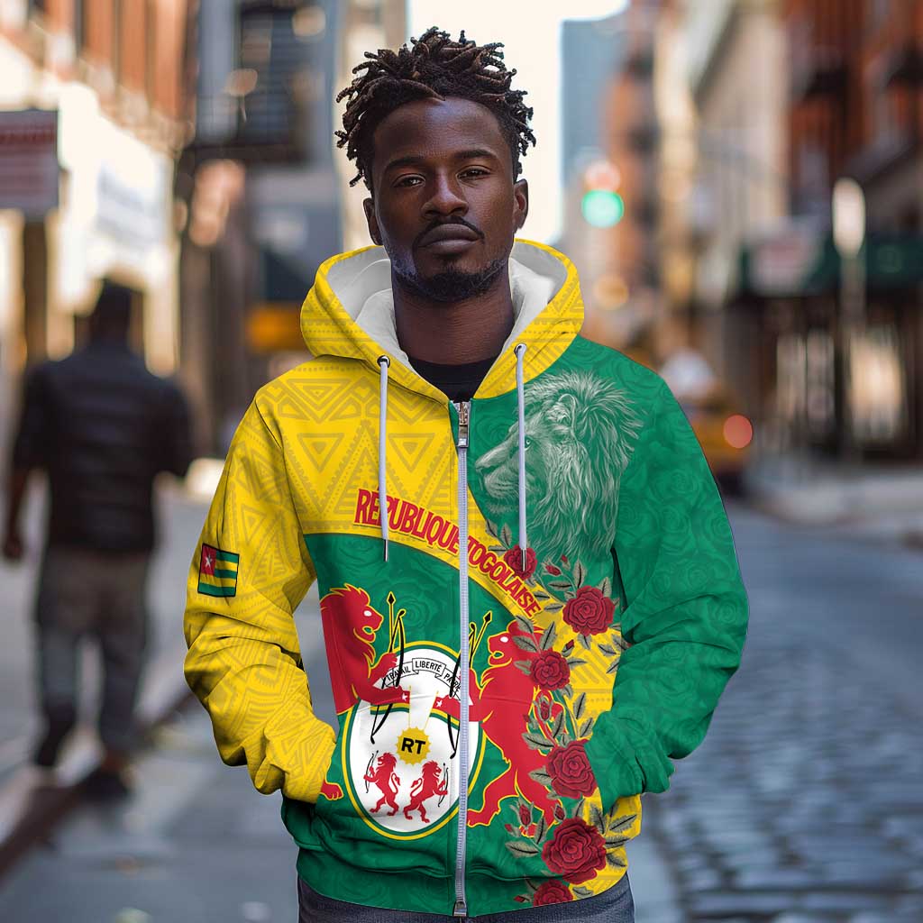 Personalised Togo Zip Hoodie Coat Of Arms - African Mix Rose Pattern