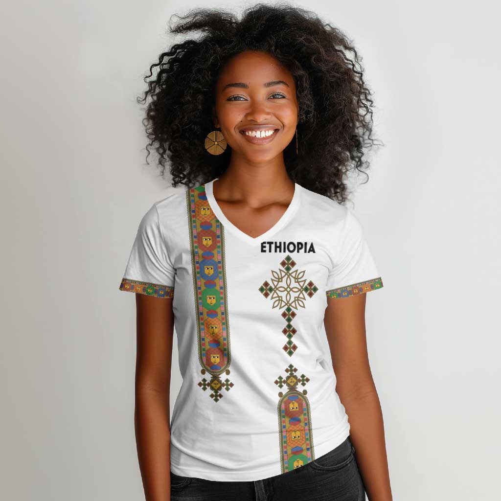 Ethiopia Saba Kemis Women V-Neck T-Shirt Lion Of Judah