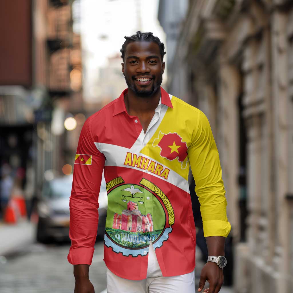 Personalized Amhara Region Long Sleeve Button Shirt Coat Of Arms With Amhara Map
