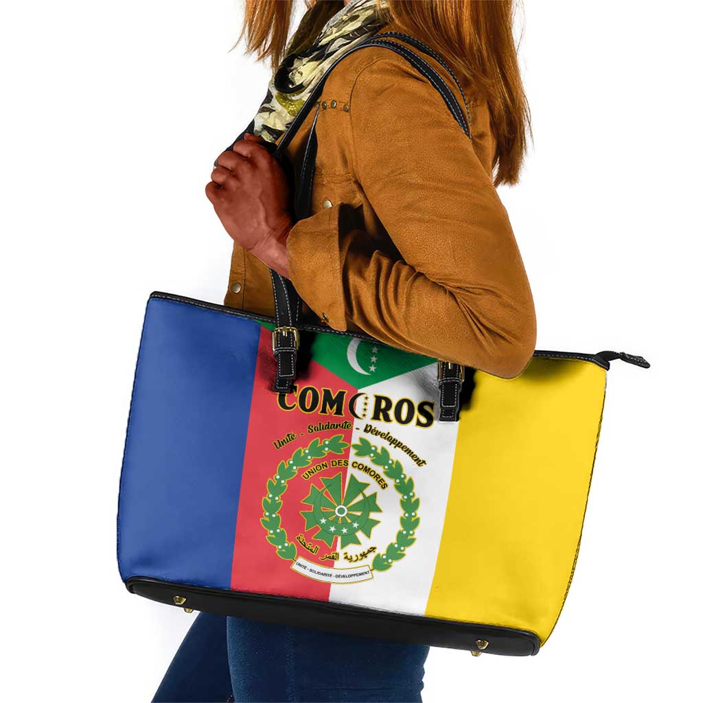 Comoros Coat Of Arms Flag Style Leather Tote Bag