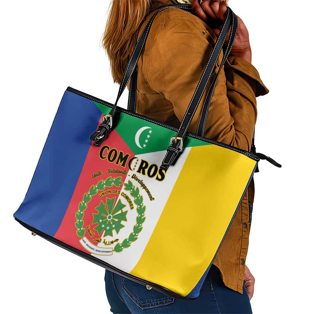 Comoros Coat Of Arms Flag Style Leather Tote Bag