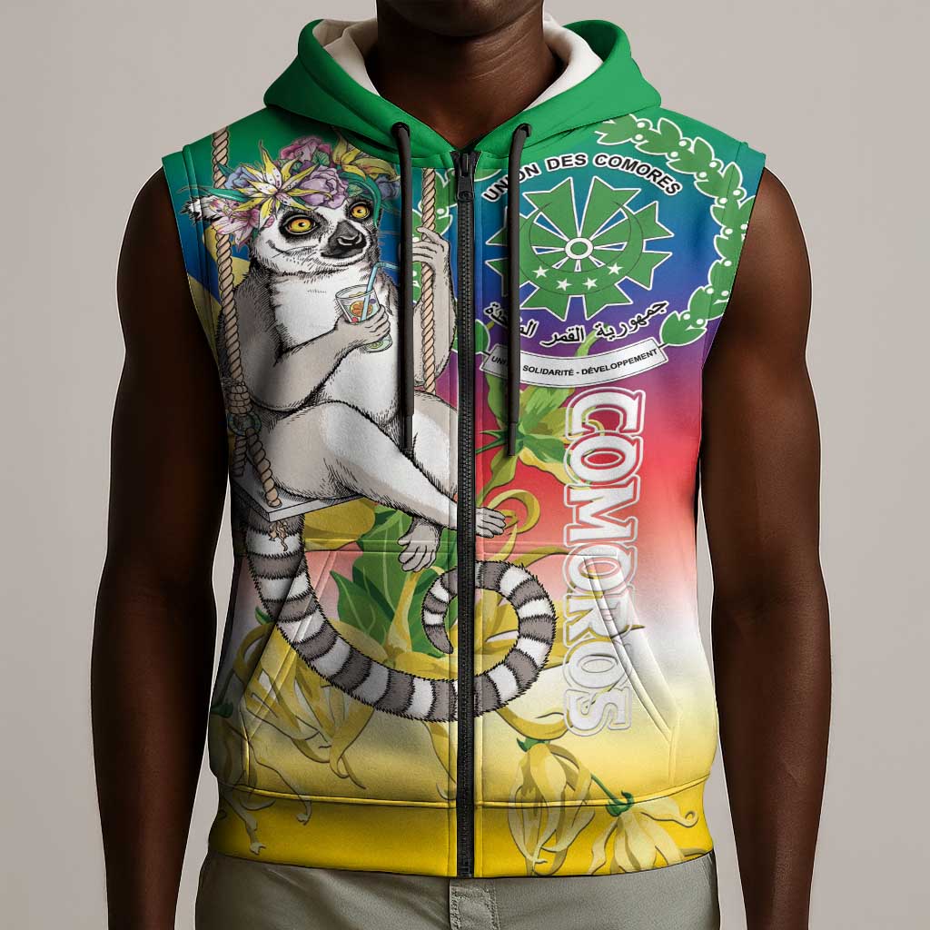 Comoros Sleeveless Zip Hoodie Mongoose Lemur With Ylang Ylang - African Pride
