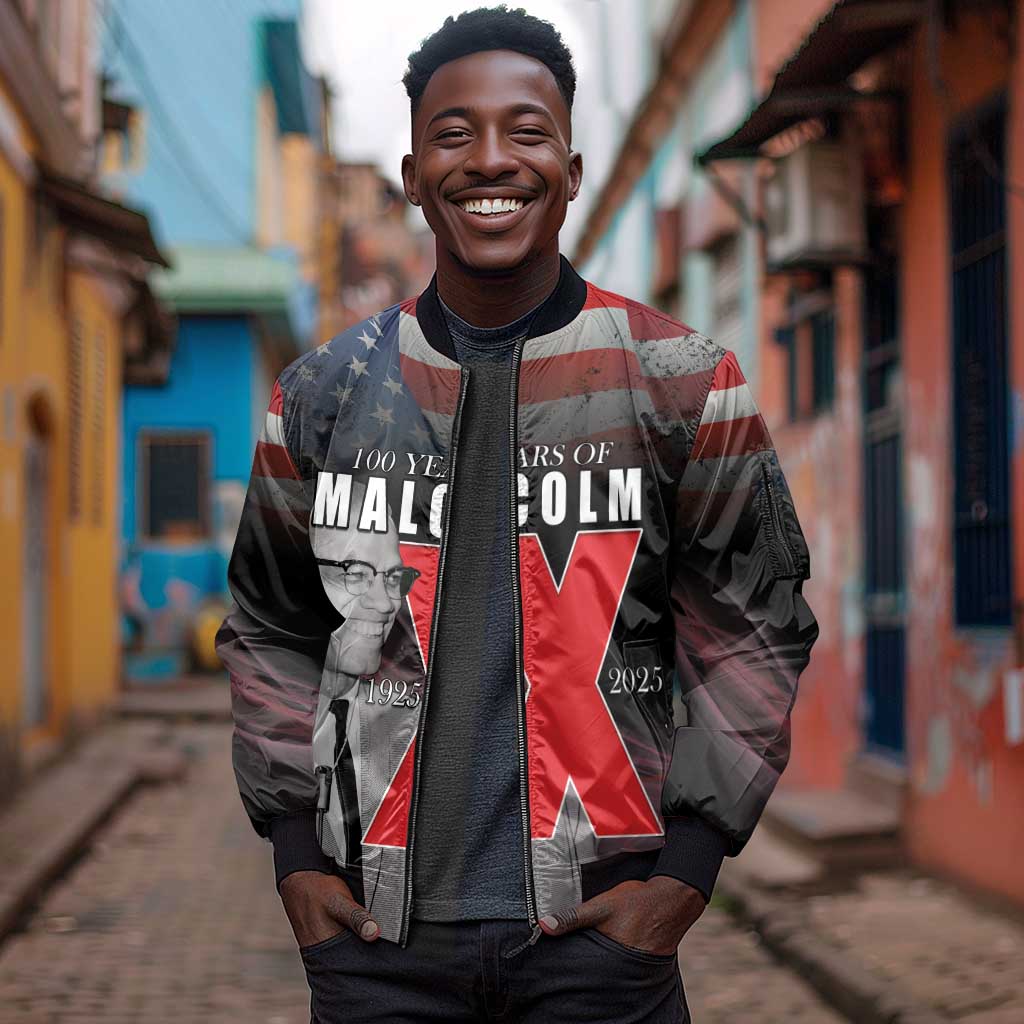 100 Years of Malcolm X Sleeve Zip Bomber Jacket His Legacy for Black