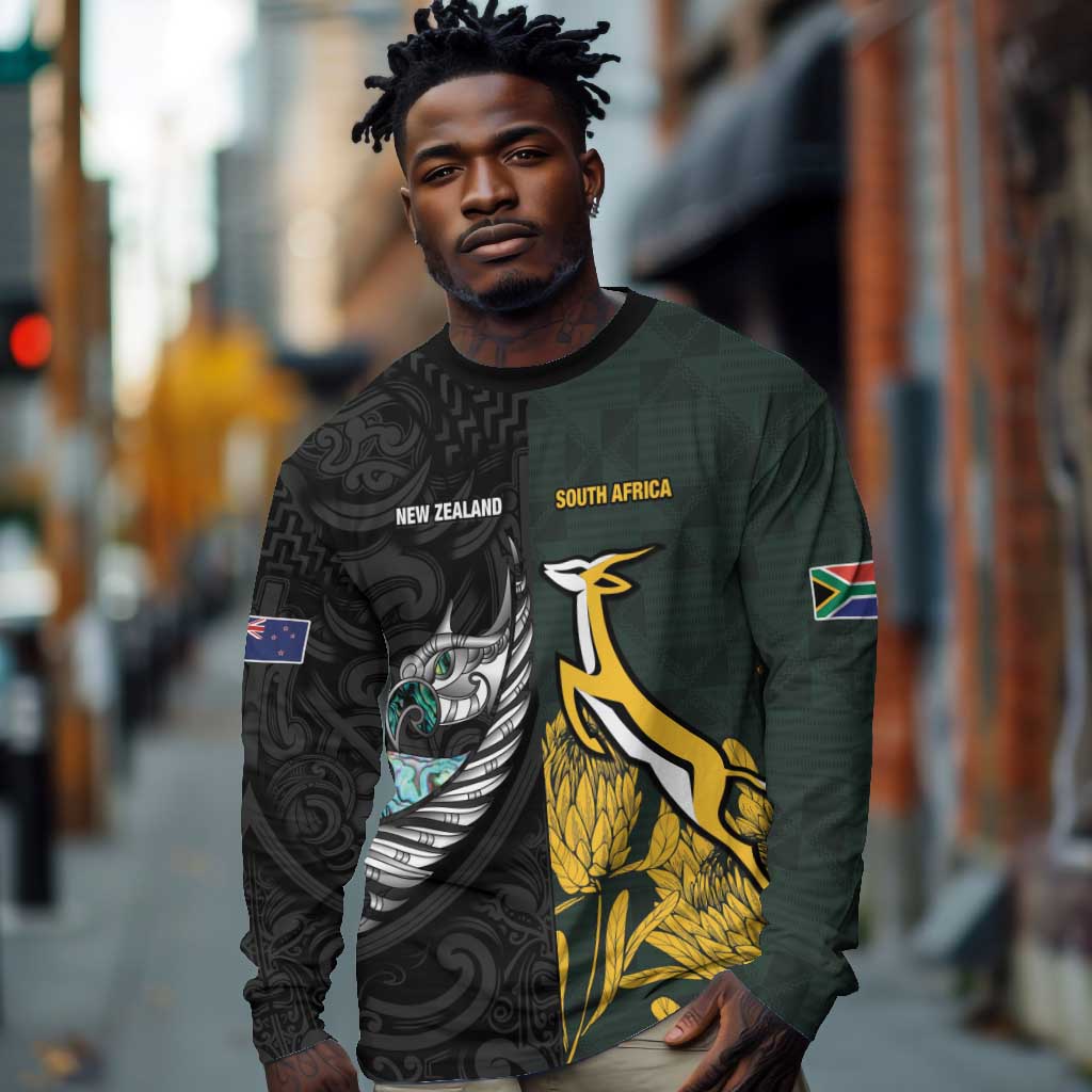 New Zealand vs South Africa Rugby Custom Long Sleeve Shirt Maori - African Pattern